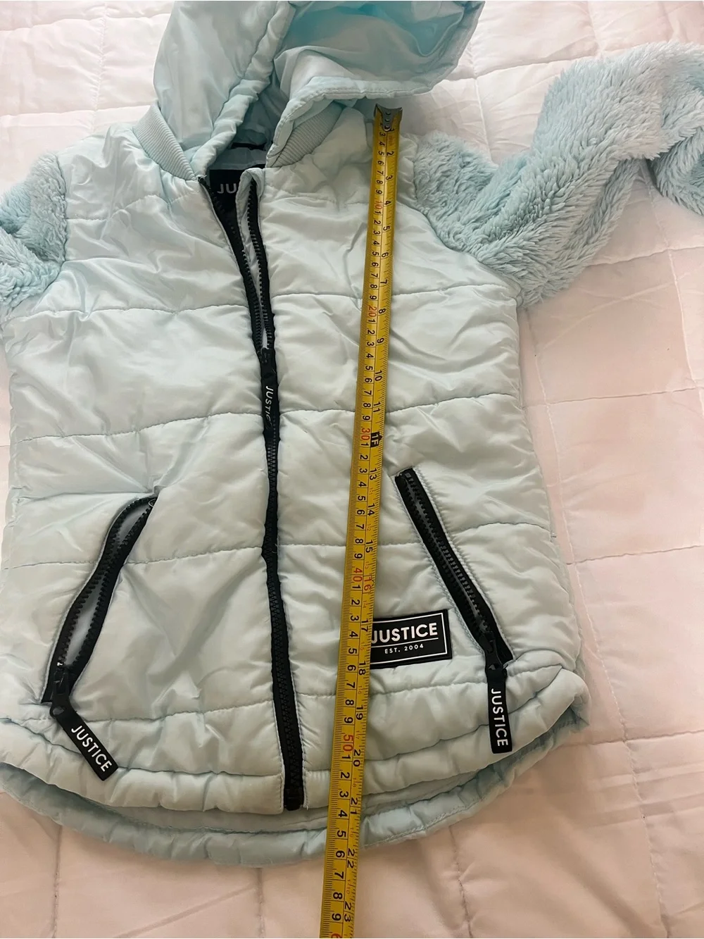 Justice Light Mint Blue Hooded Puffer Jacket with Faux-Fur Sleeves